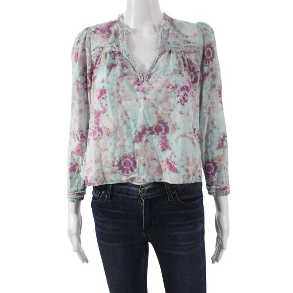The Westside Women Multicolor Tie-Dye Cotton V-Neck Long Sleeve Blouse Size M